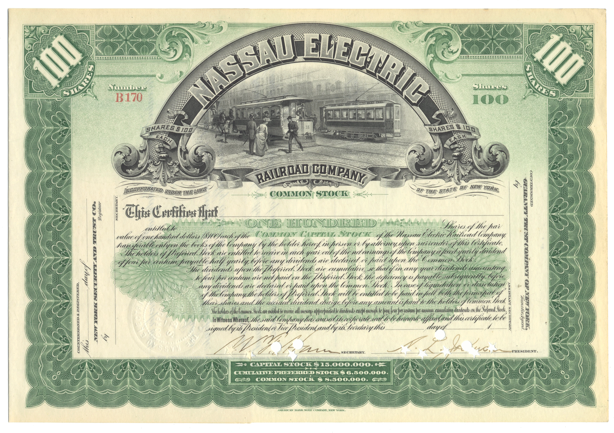Nassau Electric Railroad Company stock certificate with green border and text.