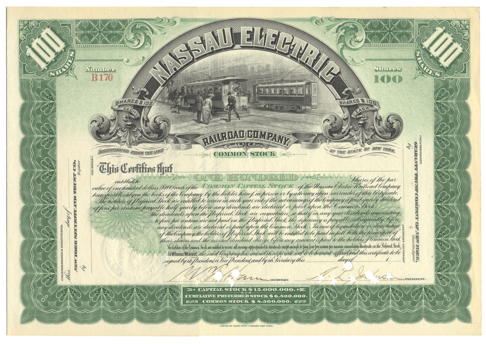 Nassau Electric Railroad Company stock certificate with green border and text.