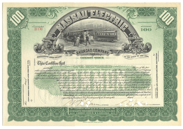Nassau Electric Railroad Company stock certificate with green border and text.