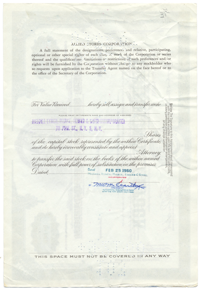 Allied Stores Corporation Stock Certificate