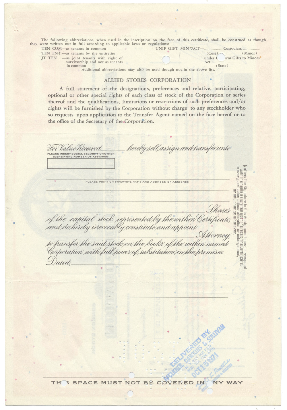 Allied Stores Corporation Stock Certificate