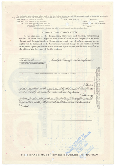 Allied Stores Corporation Stock Certificate