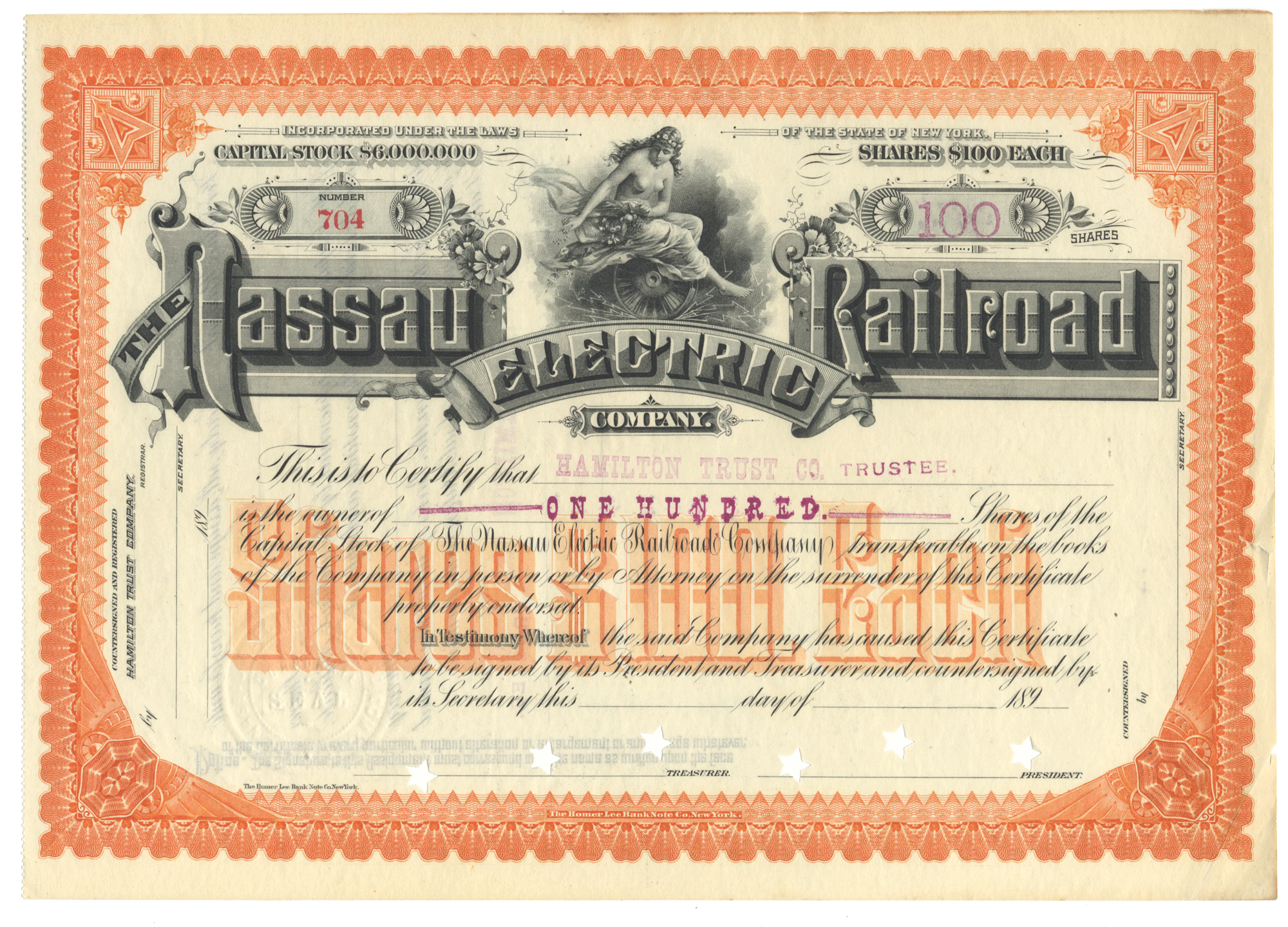 Nassau County Electric Railroad Company stock certificate from the 1890's