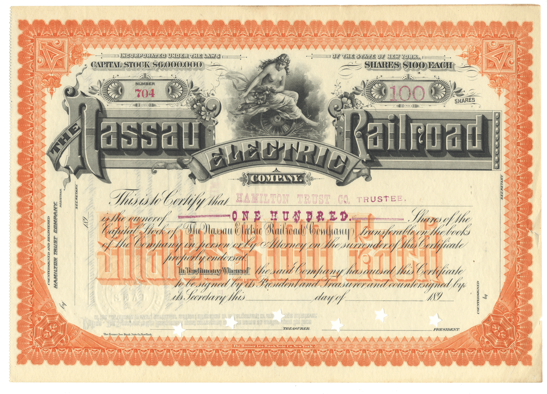 Nassau County Electric Railroad Company stock certificate from the 1890's