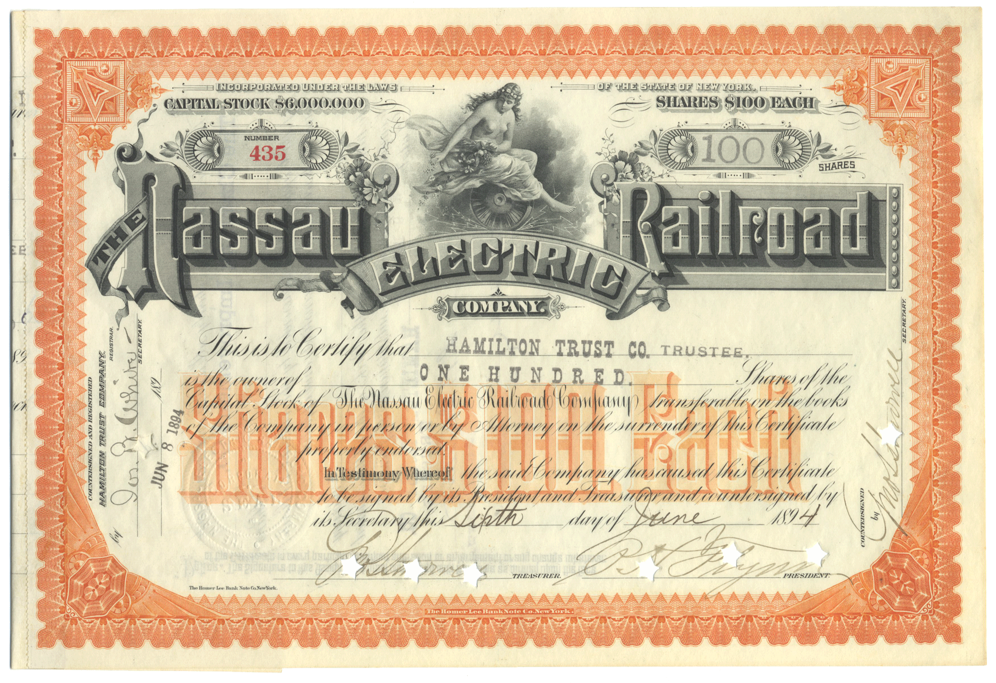 Nassau Electric Railroad Company stock certificate with nude vignette