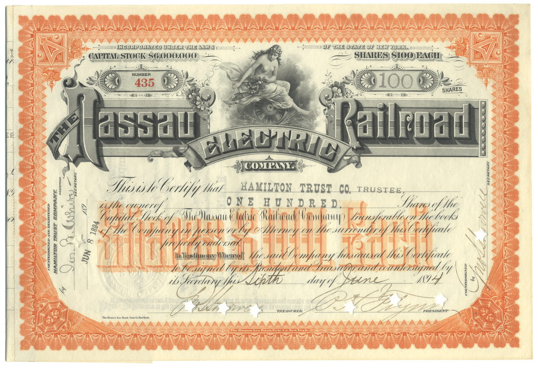Nassau Electric Railroad Company stock certificate with nude vignette
