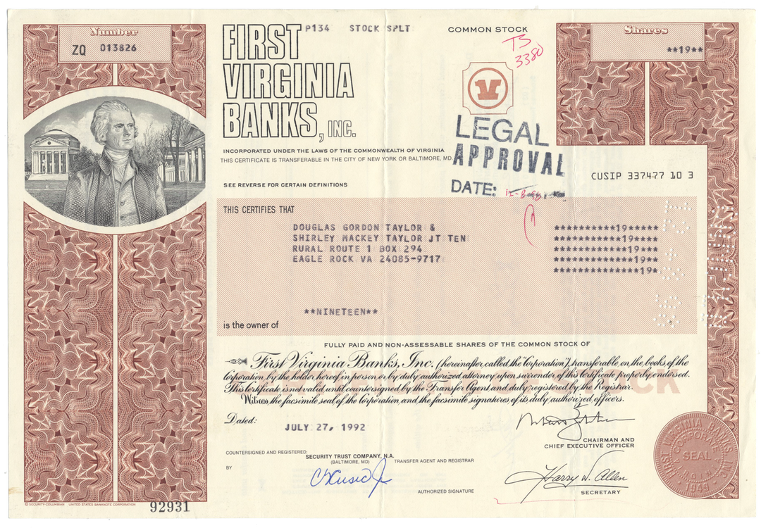 First Virginia Banks, Inc. Stock Certificate