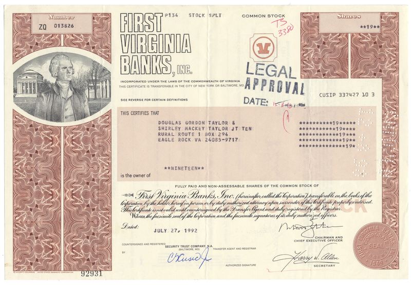 First Virginia Banks, Inc. Stock Certificate