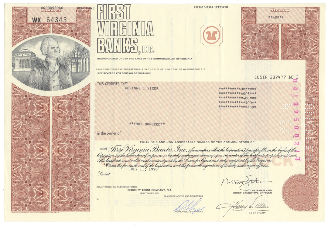 First Virginia Banks, Inc. Stock Certificate