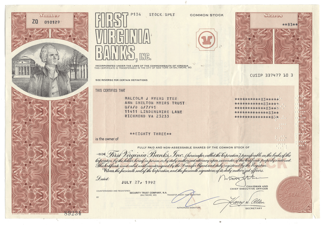 Vintage First Virginia Bank stock certificate from 1992