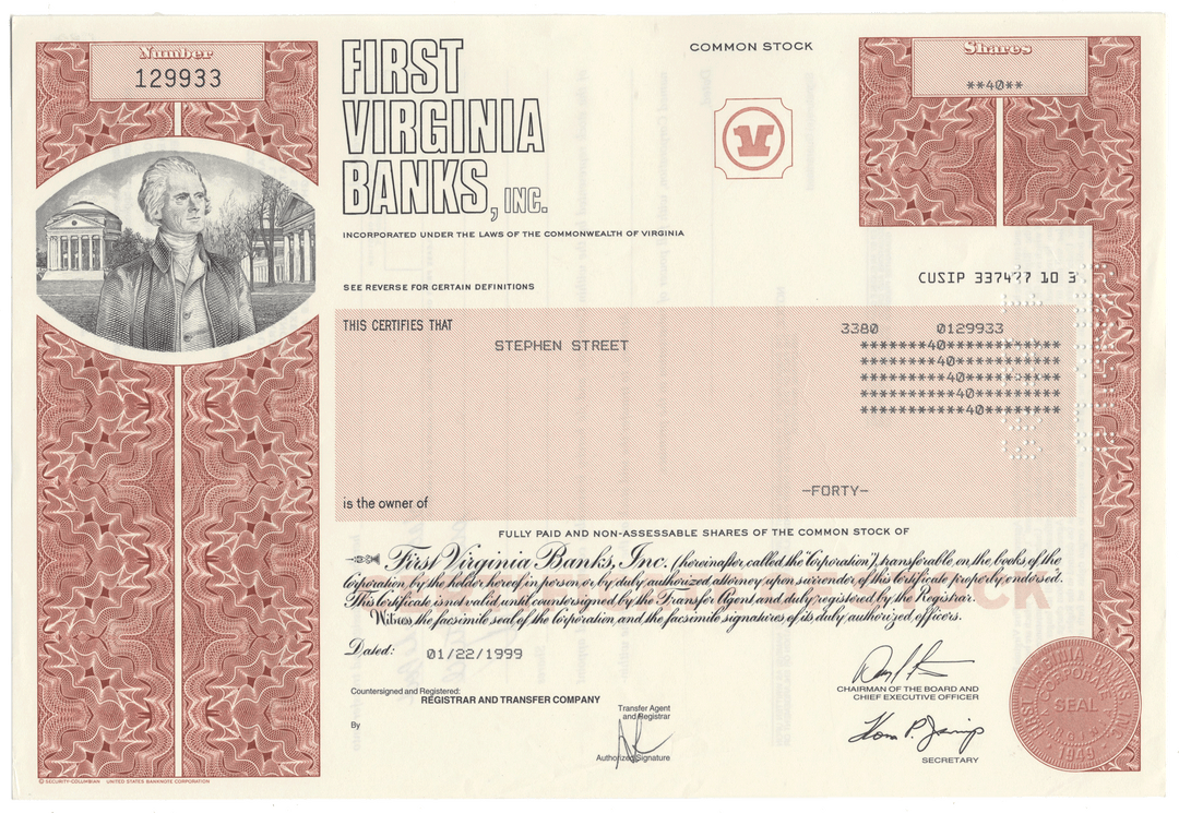 First Virginia Banks, Inc. Stock Certificate