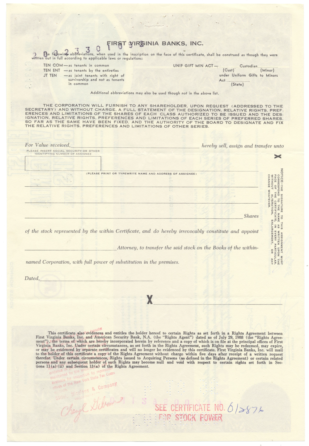 First Virginia Banks, Inc. Stock Certificate