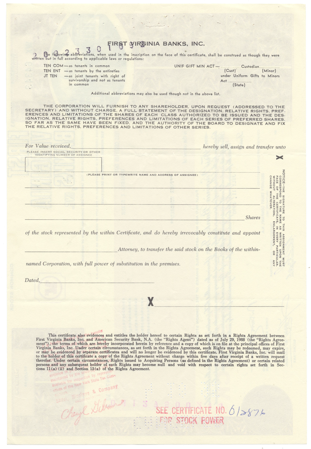 First Virginia Banks, Inc. Stock Certificate