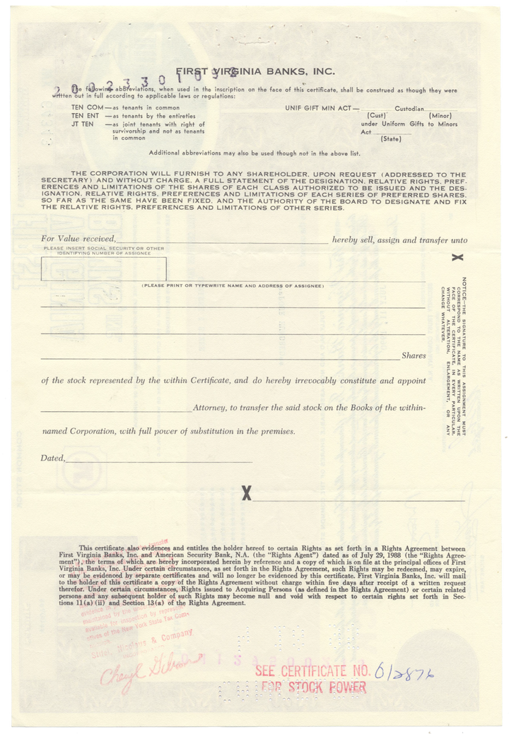 First Virginia Banks, Inc. Stock Certificate