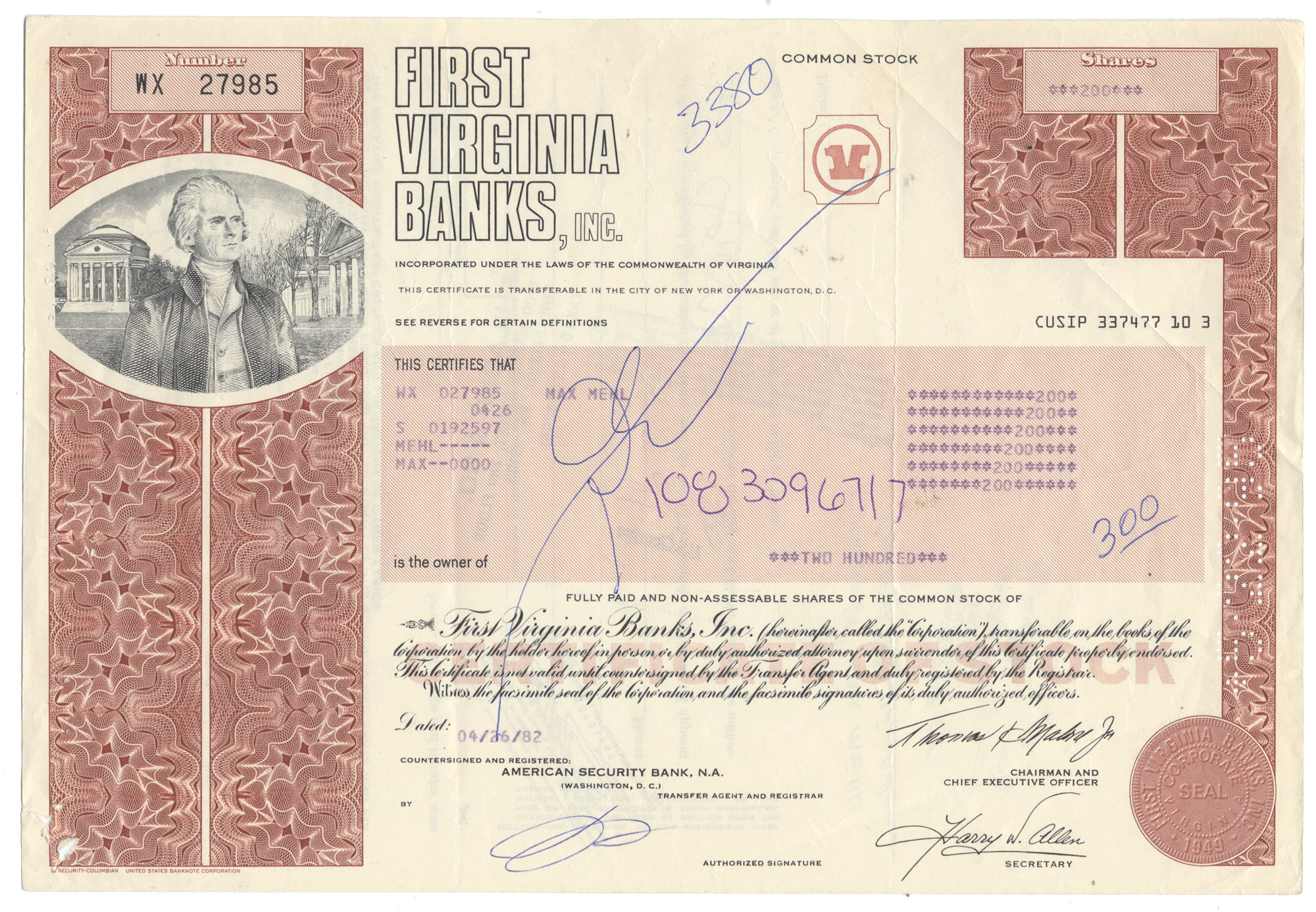 First Virginia Banks stock certificate from 1982