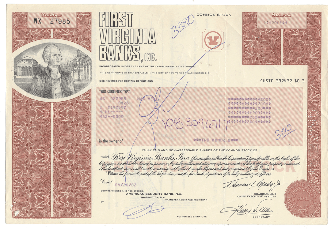 First Virginia Banks stock certificate from 1982
