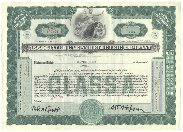 Associated Gas and Electric Company Stock Certificate