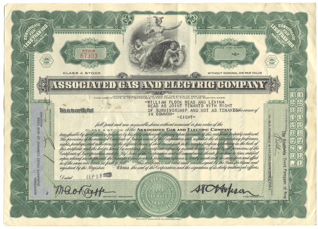 Associated Gas and Electric Company Stock Certificate