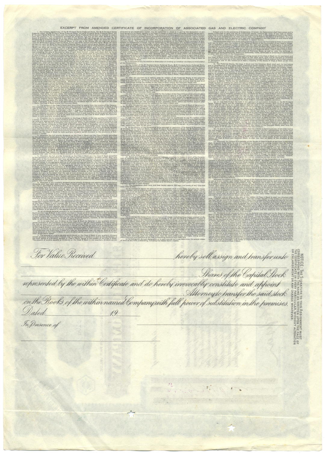 Associated Gas and Electric Company Stock Certificate