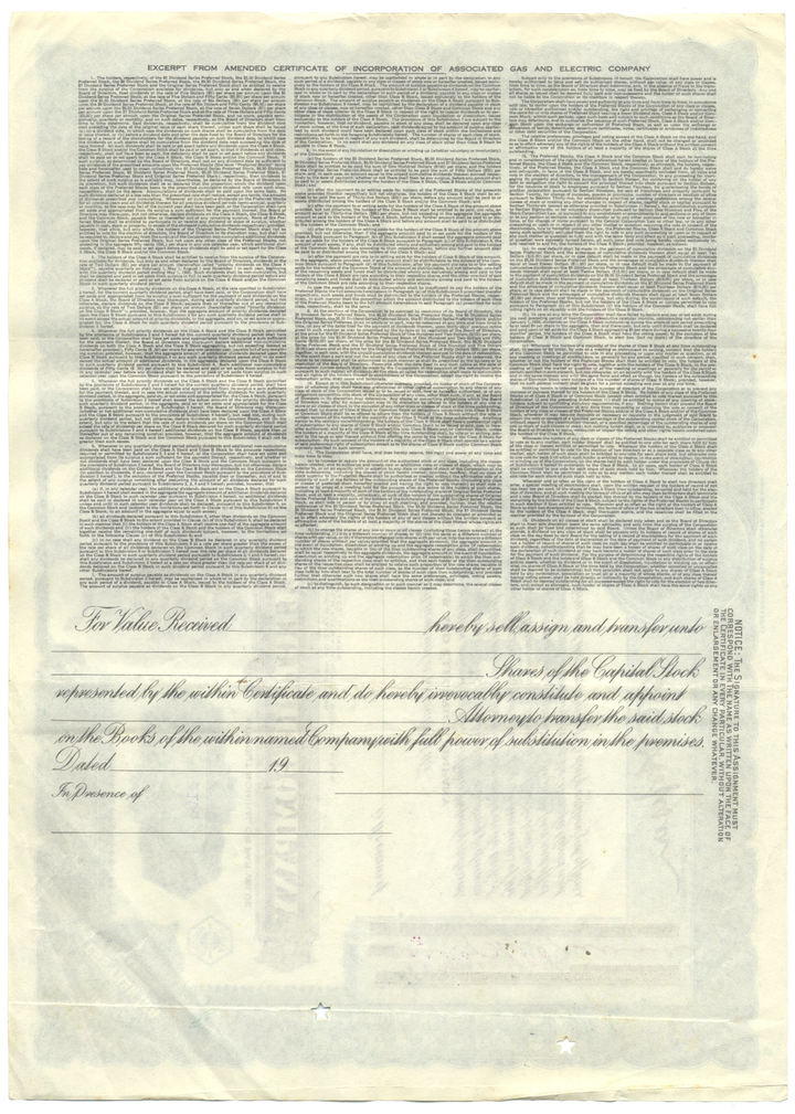 Associated Gas and Electric Company Stock Certificate