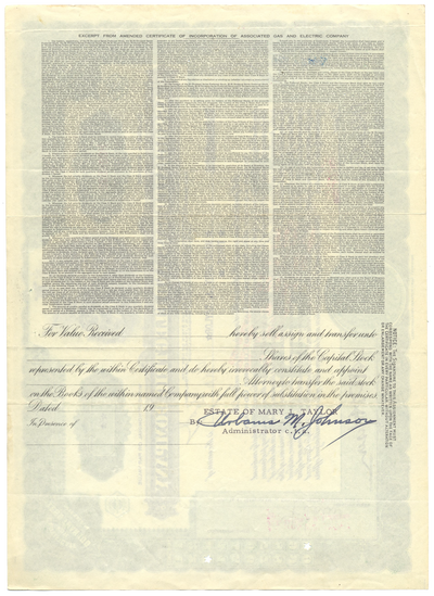 Associated Gas and Electric Company Stock Certificate