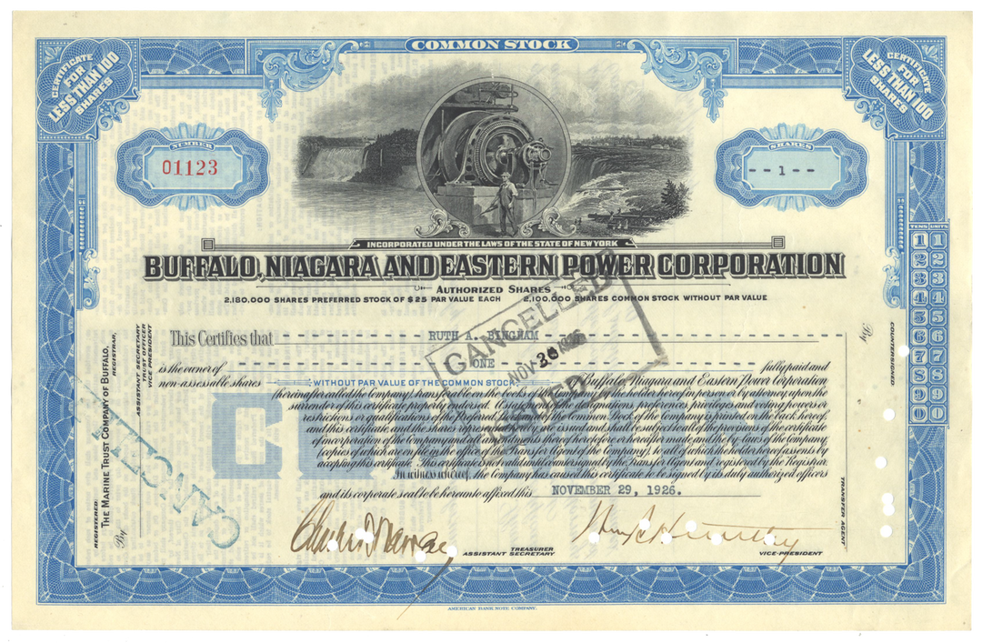 Buffalo, Niagara and Eastern Power Corporation Stock Certificate