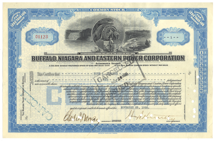 Buffalo, Niagara and Eastern Power Corporation Stock Certificate