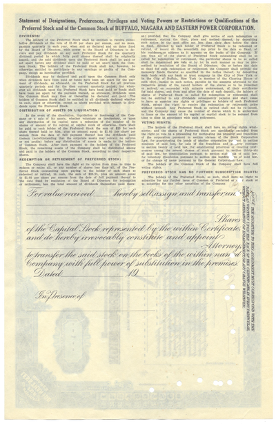 Buffalo, Niagara and Eastern Power Corporation Stock Certificate