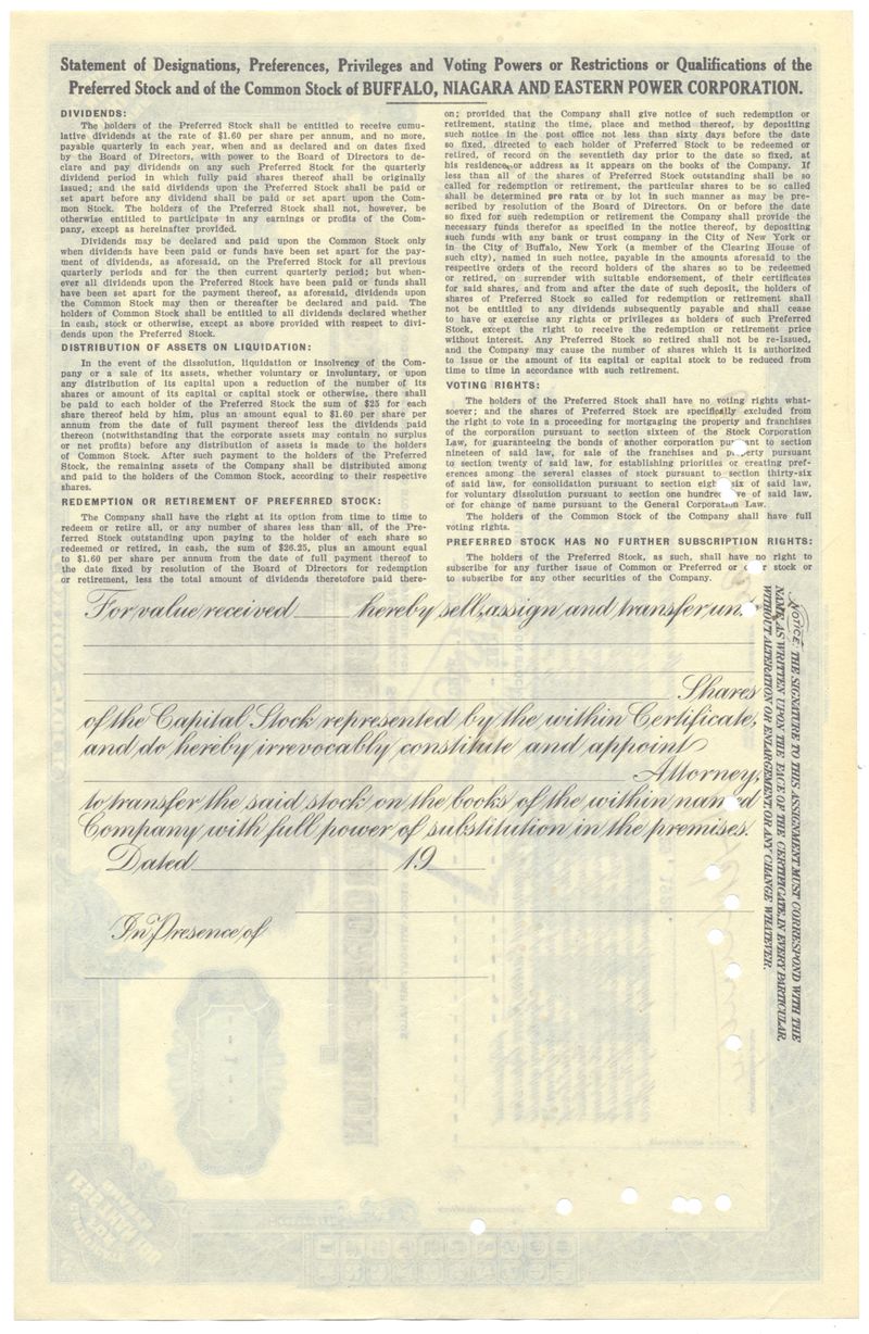 Buffalo, Niagara and Eastern Power Corporation Stock Certificate