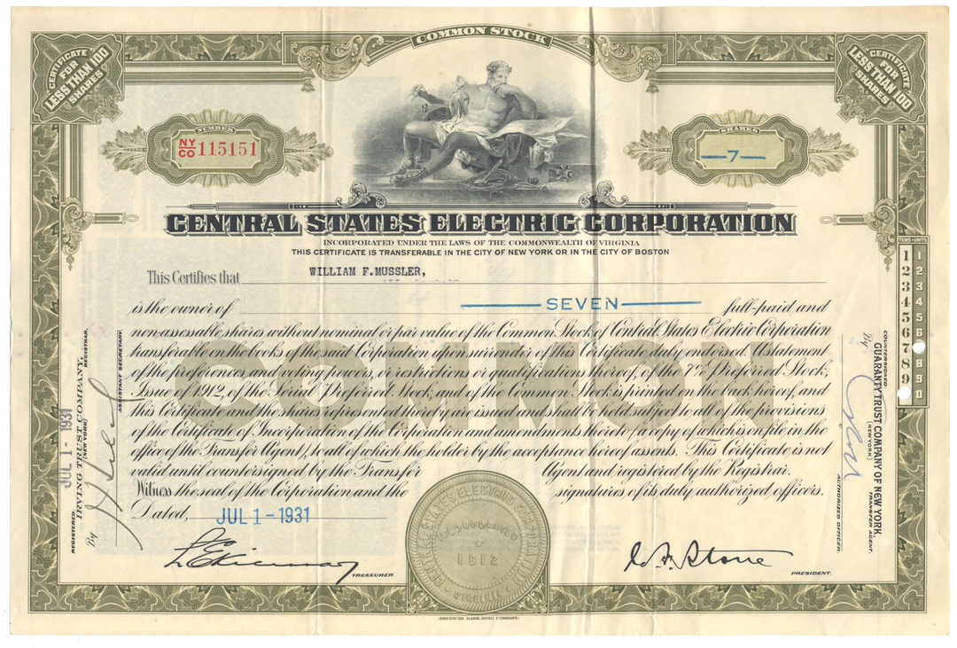 Central States Electric Corporation Stock Certificate