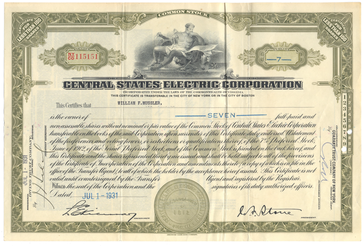 Central States Electric Corporation Stock Certificate