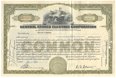 Central States Electric Corporation Stock Certificate