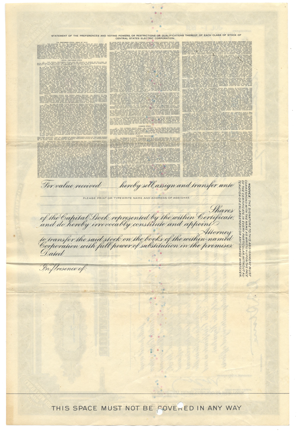 Central States Electric Corporation Stock Certificate