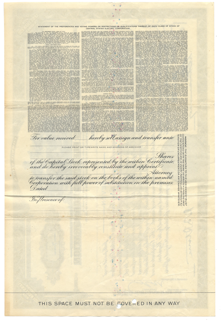 Central States Electric Corporation Stock Certificate