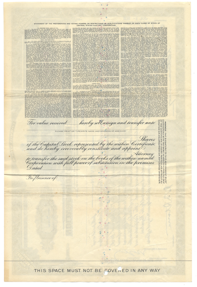 Central States Electric Corporation Stock Certificate