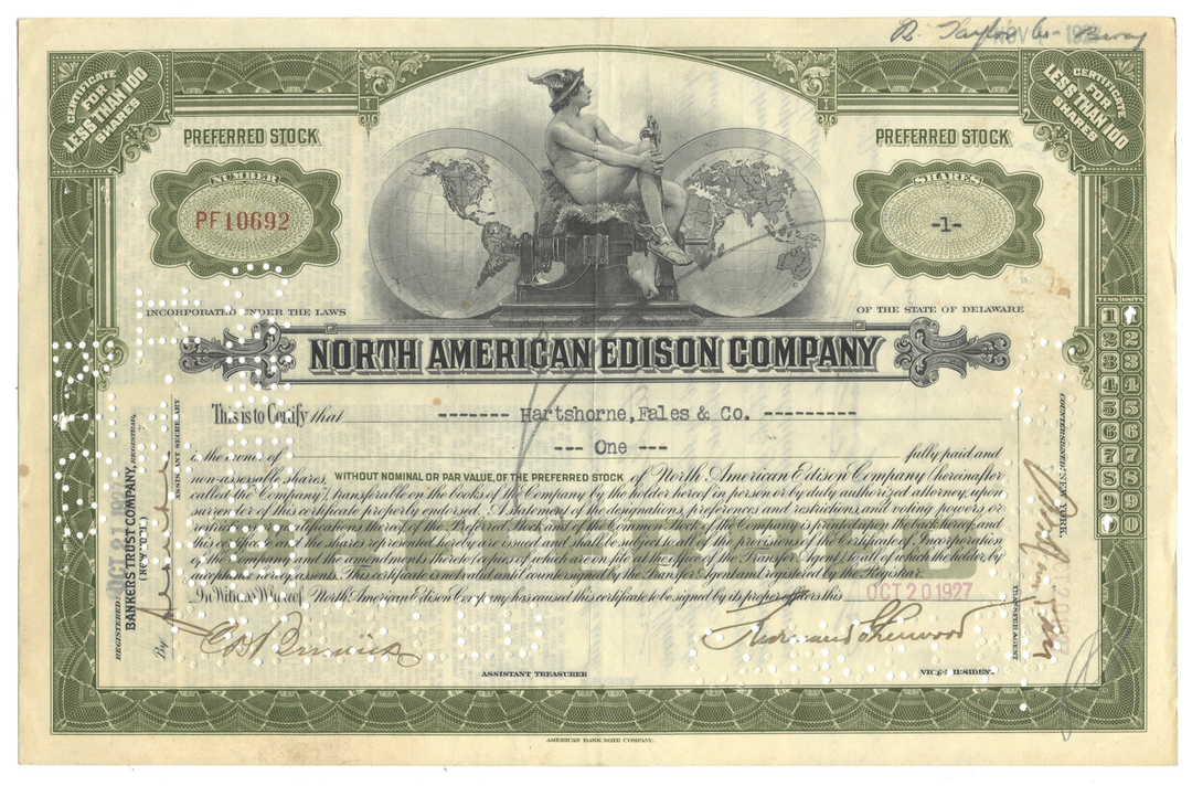Vintage stock certificate of the North American Edison Company
