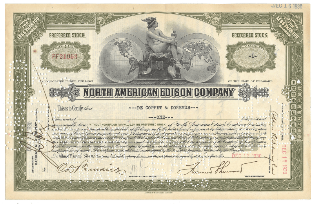 Vintage stock certificate of the North American Edison Company with detailed design and text from 1930