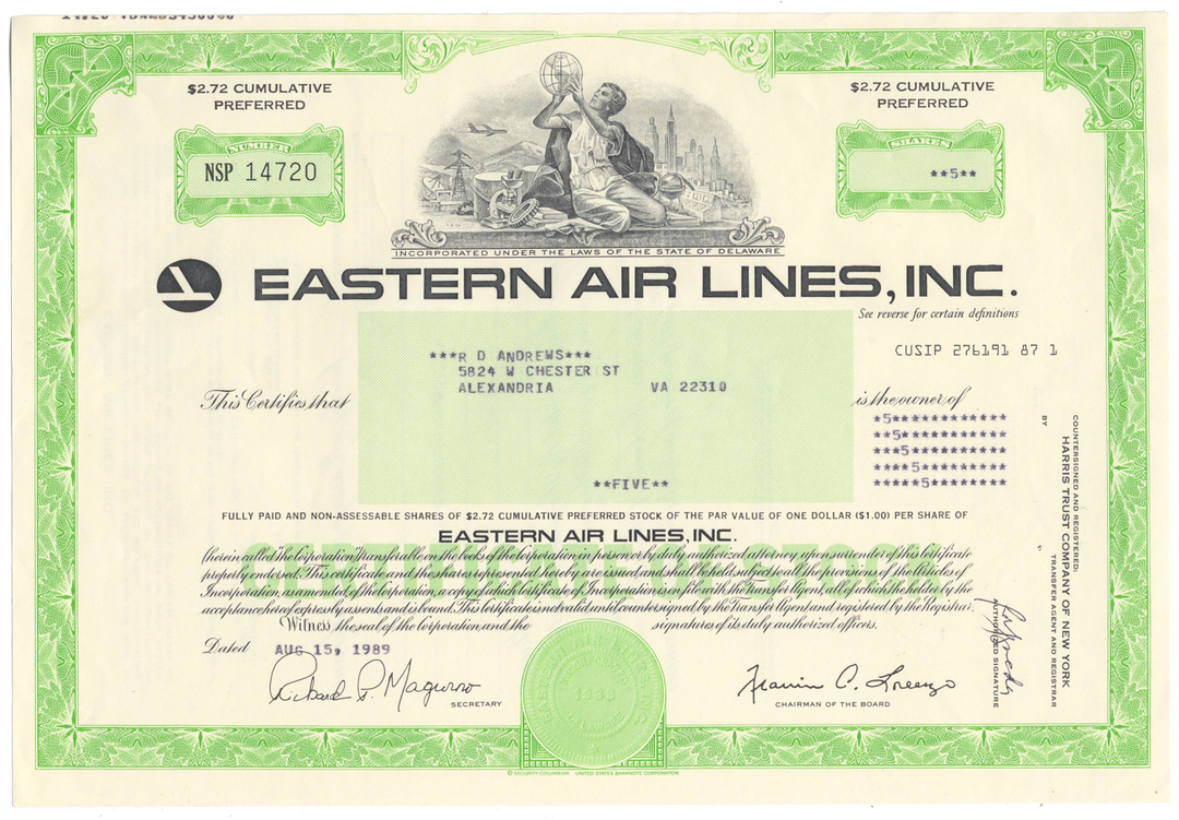 Eastern Air Lines, Inc. Stock Certificate