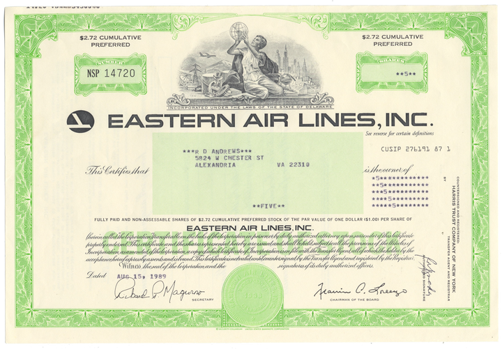 Eastern Air Lines, Inc. Stock Certificate