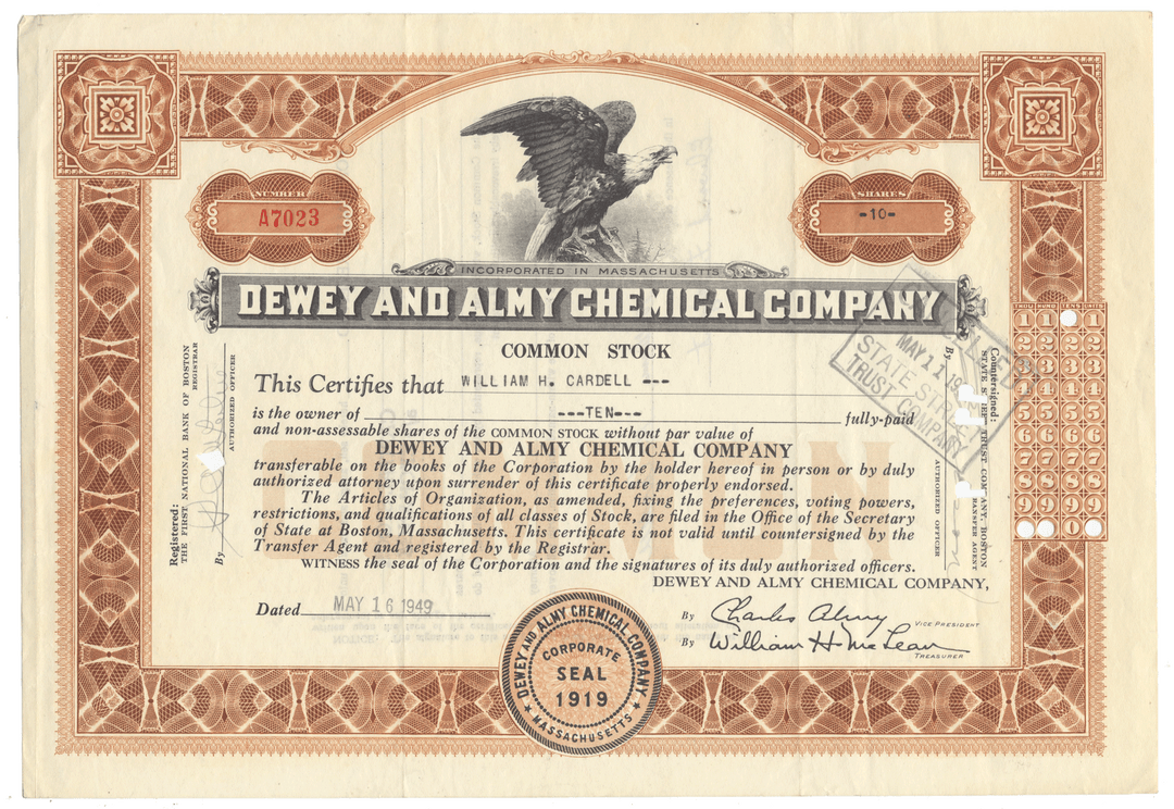 Vintage stock certificate of Dewey and Almy Chemical Company with decorative border and eagle emblem.