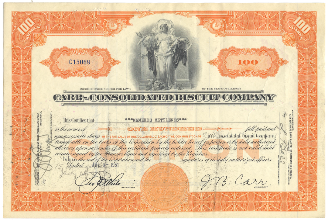 Carr-Consolidated Biscuit Company Stock Certificate