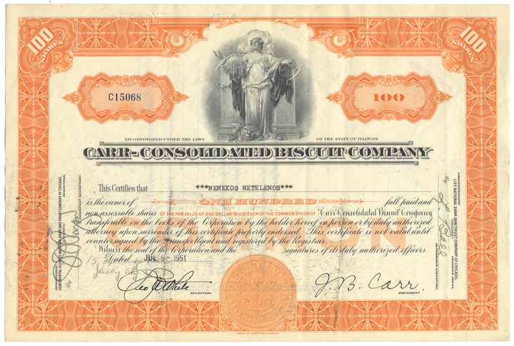 Carr-Consolidated Biscuit Company Stock Certificate