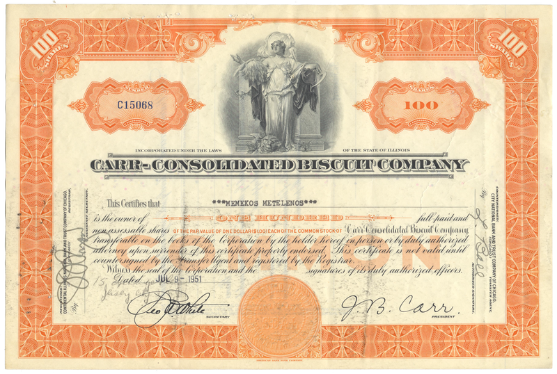 Carr-Consolidated Biscuit Company Stock Certificate