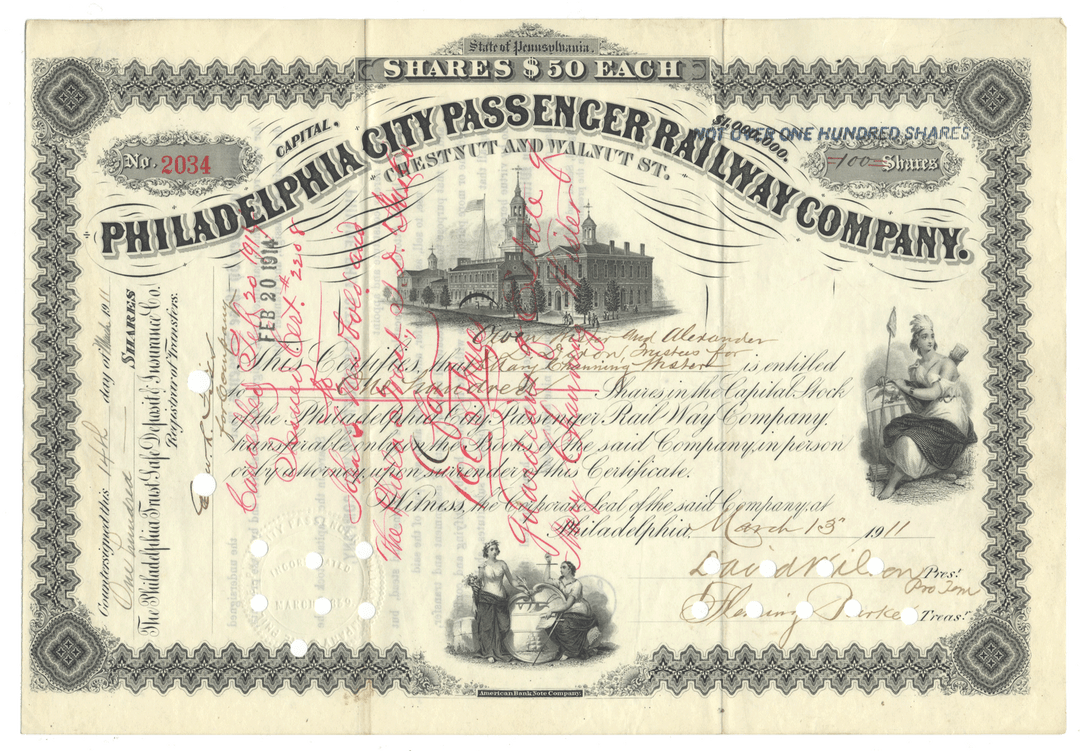 An antique Philadelphia City Passenger Railway Company stock certificate dated 1911