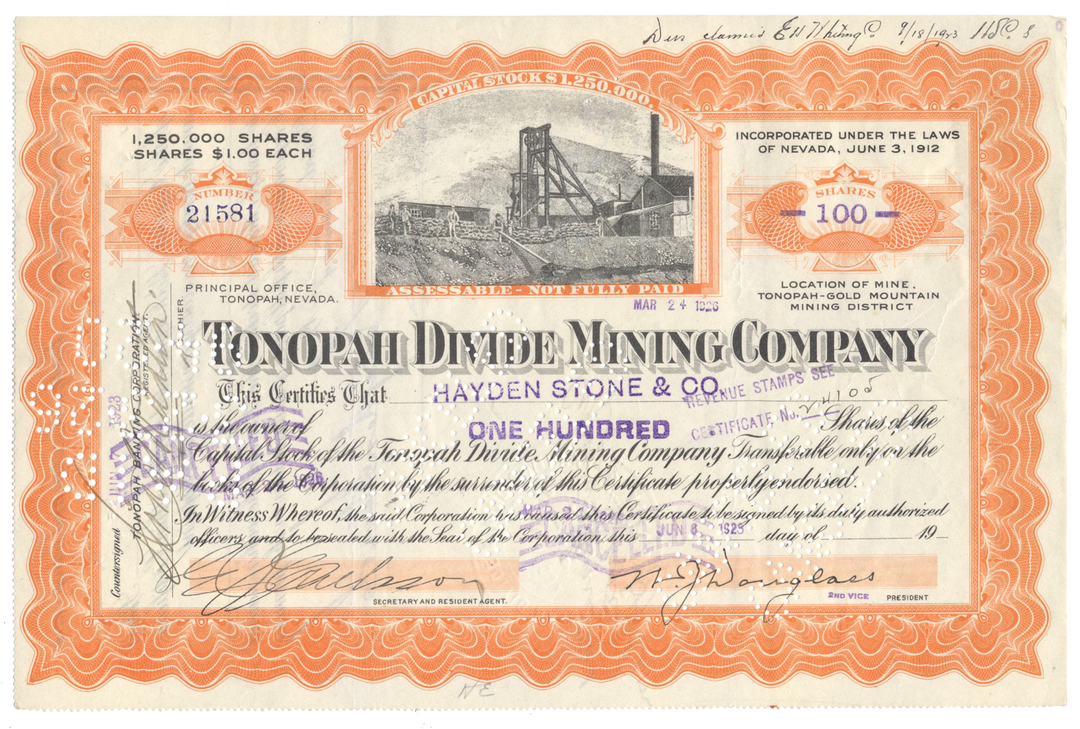 Tonopah Divide Mining Company Stock Certificate