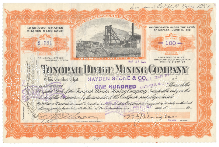 Tonopah Divide Mining Company Stock Certificate