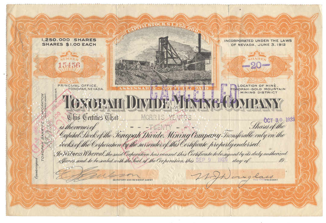 Vintage stock certificate for Tonopah Divide Mining Company with scenic illustration dated 1920