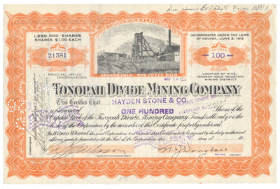 Tonopah Divide Mining Company Stock Certificate