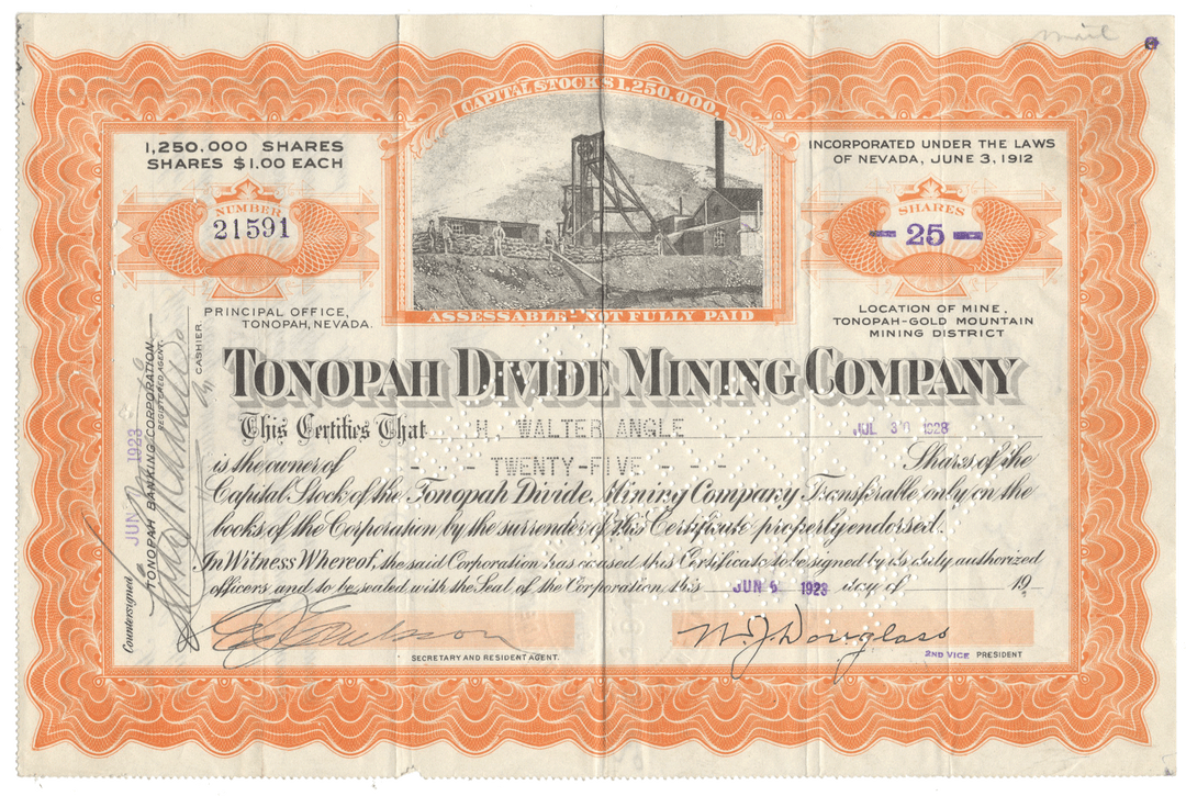 Vintage stock certificate for Tonopah Divide Mining Company with scenic illustration and text.