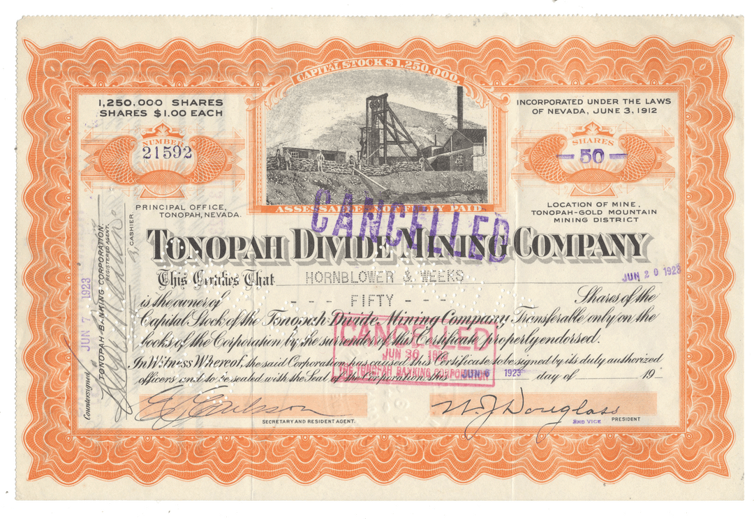 Vintage stock certificate for Tonopah Divide Mining Company with scenic illustration and text from 1923